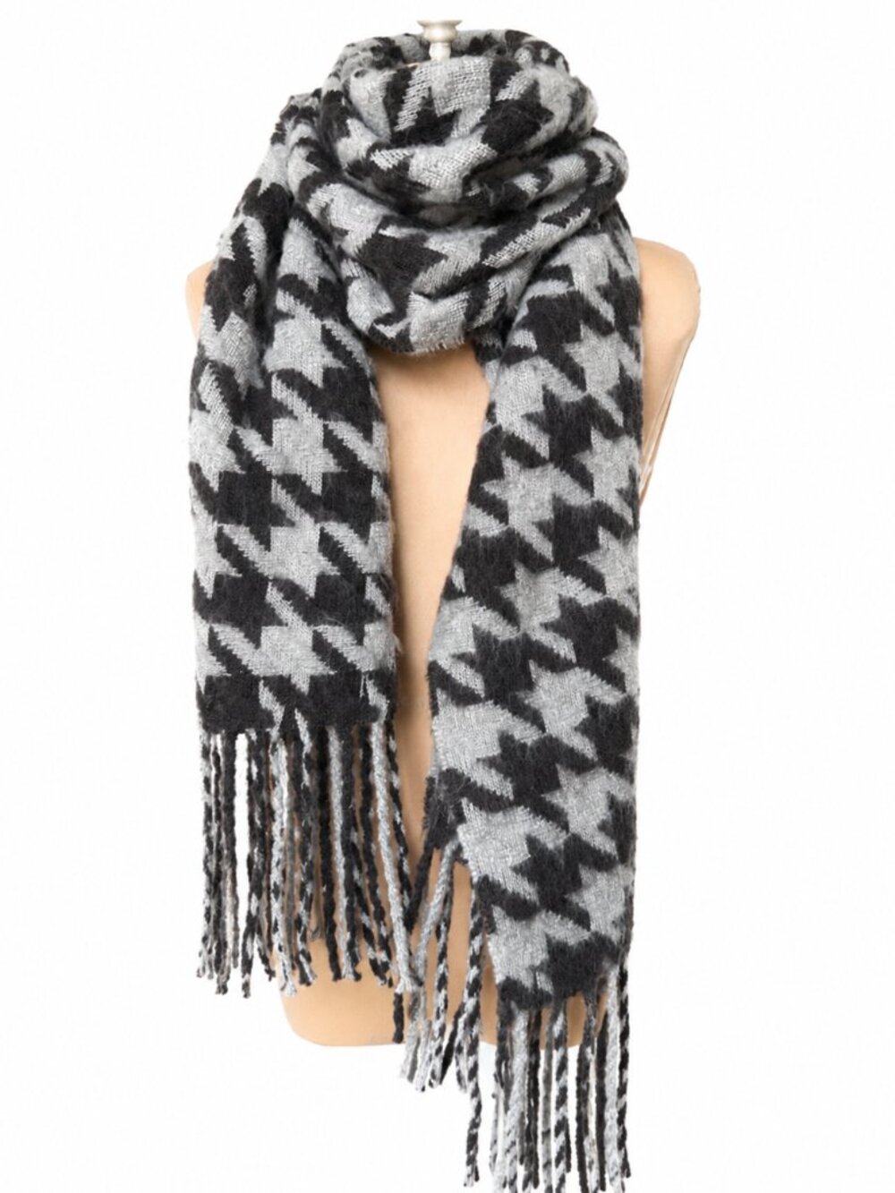 ASOS Grey and Black Houndstooth Thick Scarf/Wrap w/Fringe NWOT